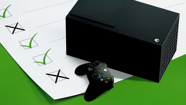 An Xbox Series X over a checklist with a green background.