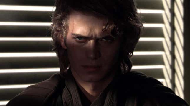 Hayden Christensen glowers in the shadows as Anakin Skywalker, the future Darth Vader.