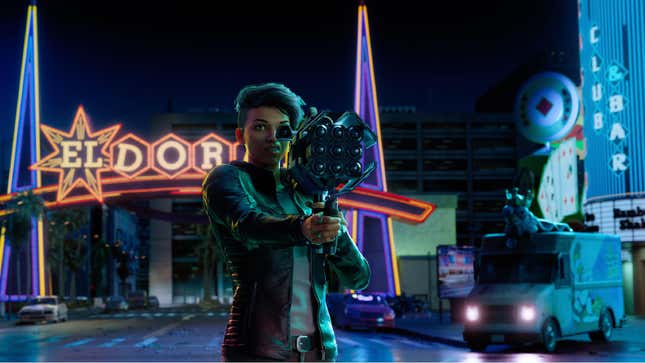 A screenshot from Saints Row shows a character about to fire a weapon on a city street. 