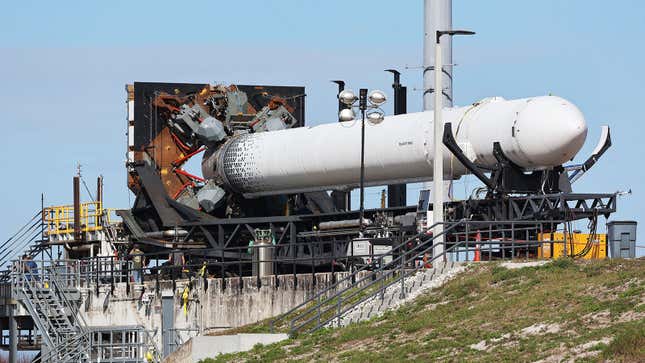 A photo of the Relativity Space rocket on the way to the launch pad.