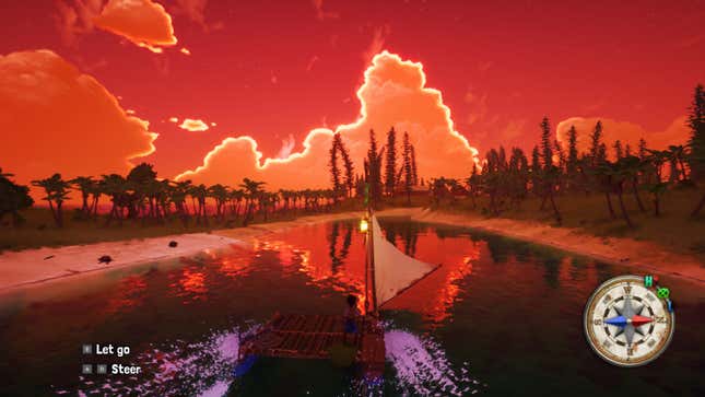 Tchia is seen standing on a raft as she approaches a beach.