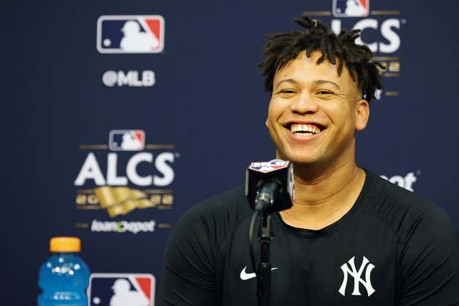 Oct 19, 2022; Houston, Texas, USA; New York Yankees pitcher Frankie Montas (47) talks to media during a press conference before game one of the ALCS for the 2022 MLB Playoffs against the Houston Astros at Minute Maid Park.