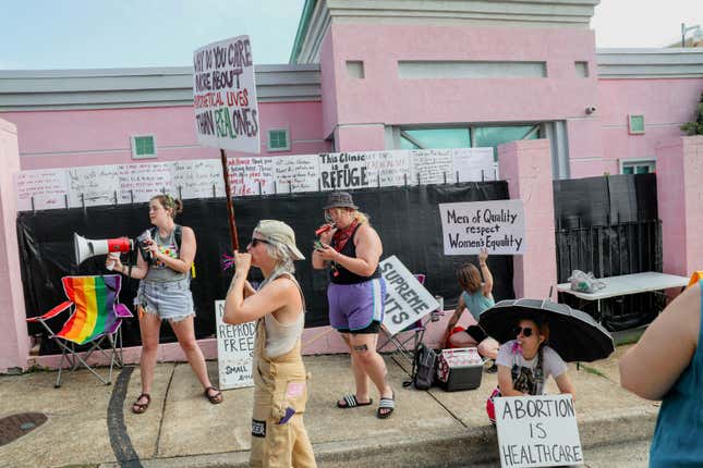 Demonstrators protest in front of the Jackson Women’s Health Organization in Jackson, Mississippi, on July 7, 2022. The clinic was the only facility that performed abortions in the state; it closed in July.