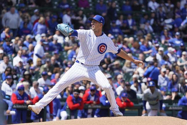 Apr 21, 2023; Chicago, Illinois, USA; Chicago Cubs starting pitcher Drew Smyly (11) throws the ball against the Los Angeles Dodgers during the first inning at Wrigley Field.