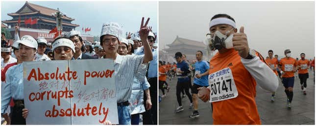 LEFT: A group of journalists supports the pro-Democracy protest in Tiananmen Square, May 17, 1989. RIGHT: Participants wearing masks during a hazy day at the Beijing International Marathon in front of Tiananmen Square, in Beijing, October 19, 2014.