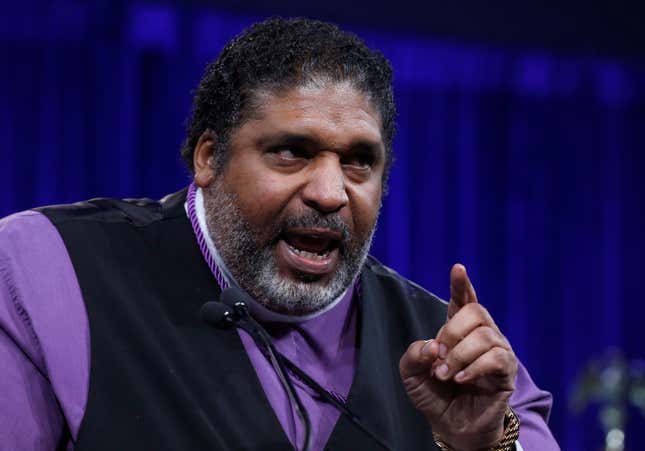 Rev. William Barber II delivers a fiery speech to a gathering of the Democratic National Committee summer meeting at the Hilton Hotel in San Francisco, Calif. on Friday, Aug. 23, 2019. (Paul Chinn/San Francisco Chronicle via AP)