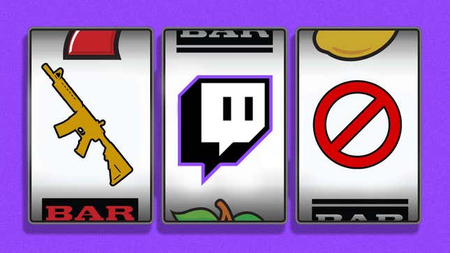 An image shows a slot machine with a gun, Twitch logo and ban symbol. 