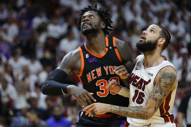 May 8, 2023; Miami, Florida, USA; New York Knicks forward Julius Randle (30) and Miami Heat forward Caleb Martin (16) look on during a free-throw attempt in the fourth quarter during game four of the 2023 NBA playoffs at Kaseya Center.