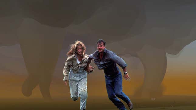 Helen Hunt and Bill Paxton in a screenshot from Twister, appearing to run away form a tornado in the game Twisted.