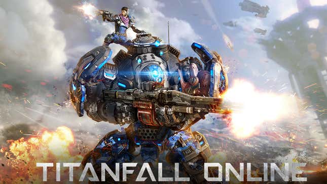 A promo image of Titanfall Online featuring a woman standing on a large mech.