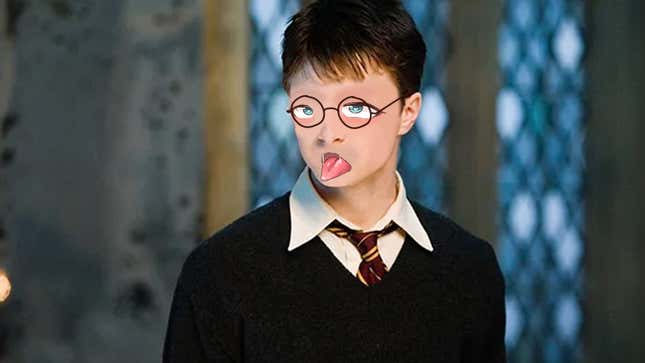 An image of Harry Potter making an ahegao face, an expression denoting extreme sexual pleasure commonly seen in Japanese animated porn (or hentai).