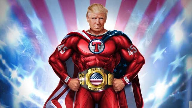 A muscular Trump poses in a skintight superhero outfit.