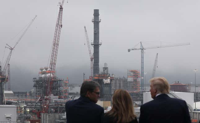 U.S. President Donald Trump tours the Shell Pennsylvania Petrochemicals Complex with U.S. Secretary of Energy Rick Perry and Shell Oil Company President Gretchen Watkins in Monaca, Pennsylvania, U.S. August 13, 2019.