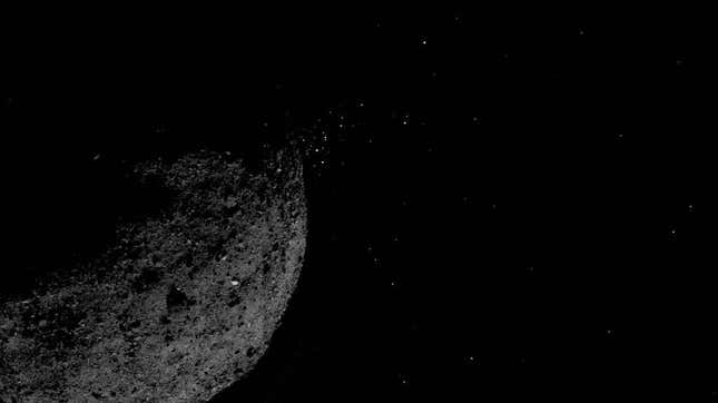 This view of asteroid Bennu ejecting particles from its surface was created by combining two images taken by the OSIRIS-REx spacecraft on January 19, 2019.