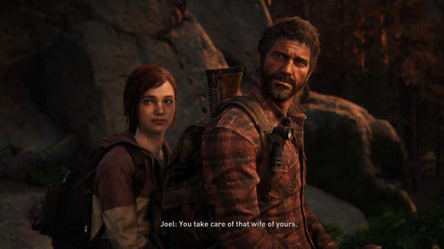 Joel and Ellie sit on a horse looking at Tommy (not pictured) as Joel says "You take care of that wife of yours." in a scene from the game The Last of Us.