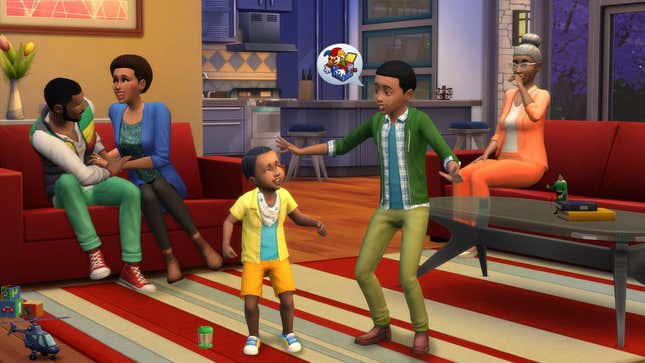 A Black family hangs out in their living room