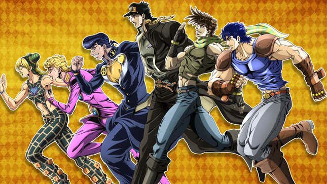 A JoJo's Bizarre Adventure shows its anime protagonists running side by side. 