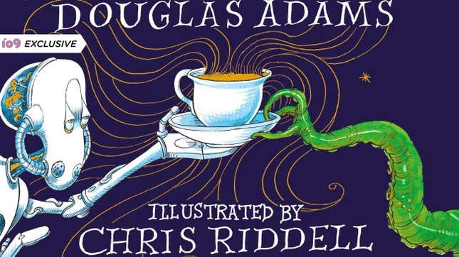 The newly illustrated cover for Douglas Adams' Hitchhiker's Guide to the Galaxy by Chris Riddell featuring Marvin and a tentacle sharing a cup of tea.