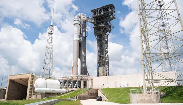The CST-100 Starliner capsule positioned atop a United Launch Alliance Atlas V rocket.