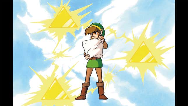 A cartoonish Link, from 1987's NES game Zelda II, consults a scrap of paper. In the background are the three triforces.