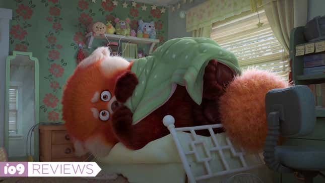 An oversized red panda huddles under a green blanket in a scene from Turning Red.