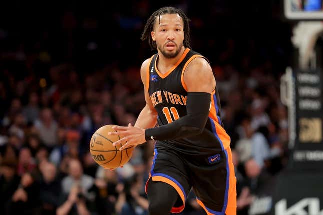 Mar 1, 2023; New York, New York, USA; New York Knicks guard Jalen Brunson (11) brings the ball up court against the Brooklyn Nets during the third quarter at Madison Square Garden.
