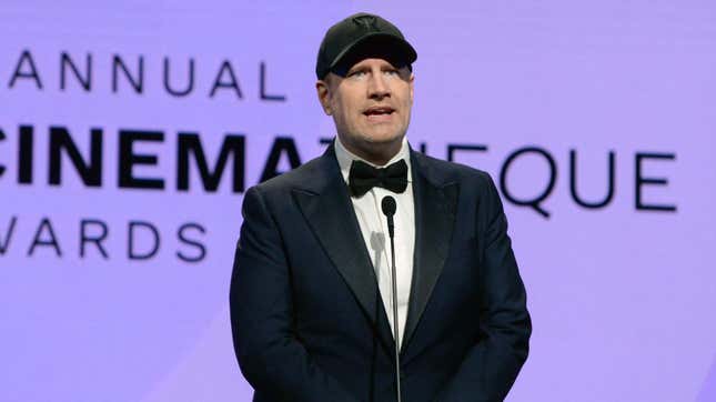 Kevin Feige wears a tuxedo and a ball cap at the 35th Annual American Cinematheque Awards.