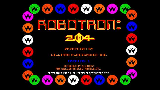 The opening screen for the arcade version of Robotron: 2084.