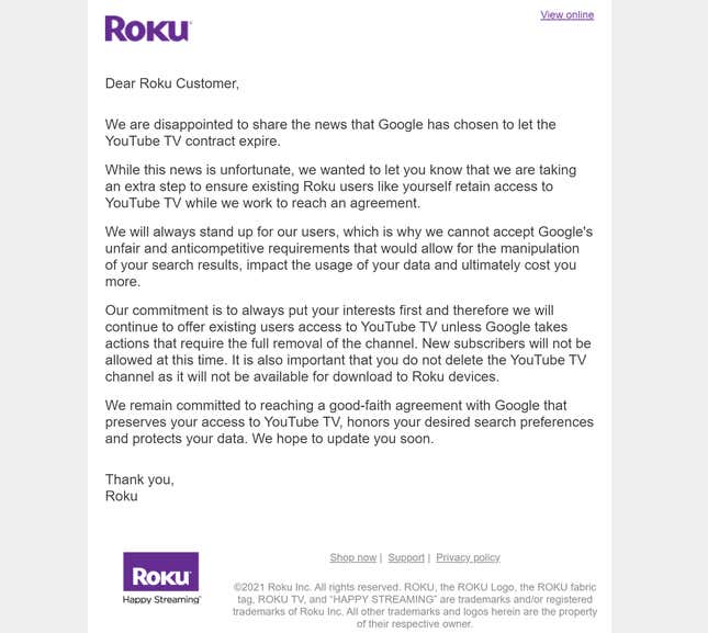 Roku Pulls Support for YouTube TV Following Dispute with Google