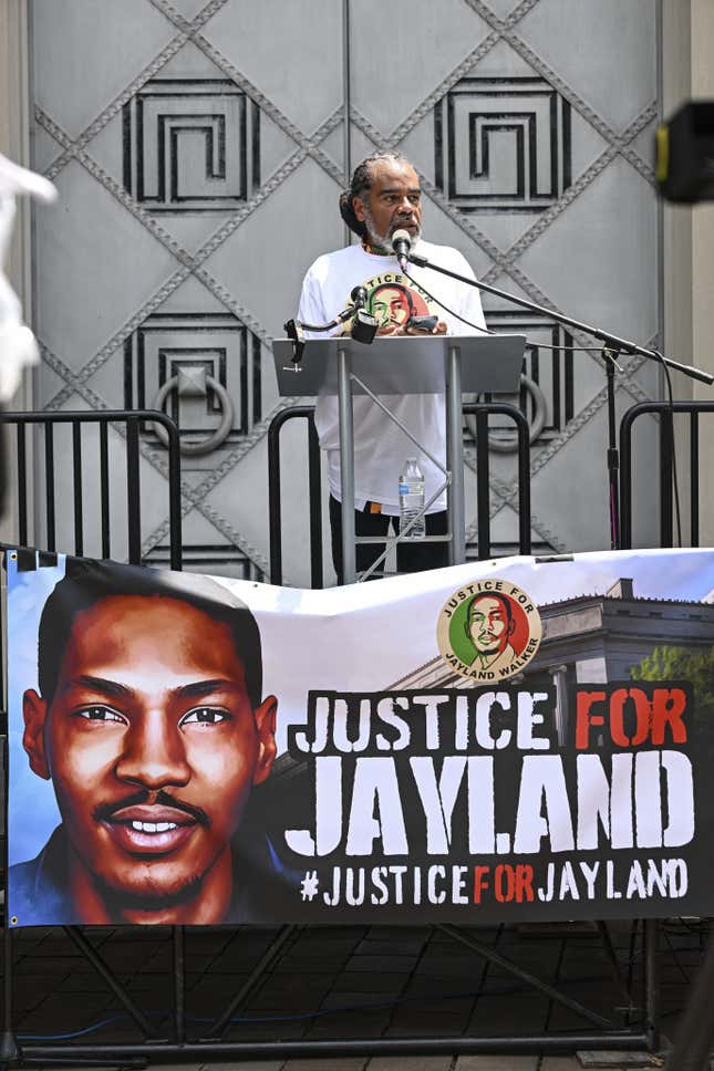 WASHINGTON DC, UNITED STATES - JUNE 27: A group of people rallied in front of the Department of Justice in Washington D.C., United States on June 27, 2023, to demand justice and to mark the first anniversary of the fatal shooting of unarmed Black man Jayland Walker by police officers in Akron, Ohio. 