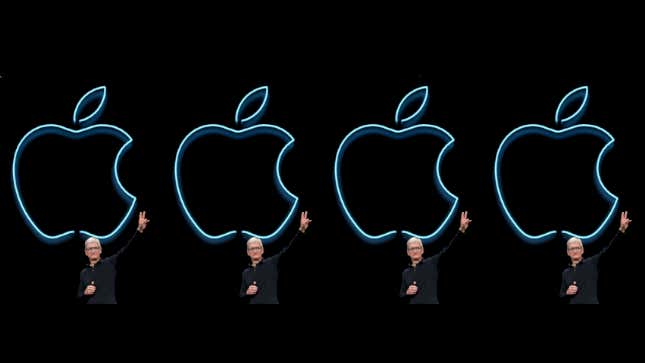 Tom Cook posing in front of the Apple logo, repeated four times.