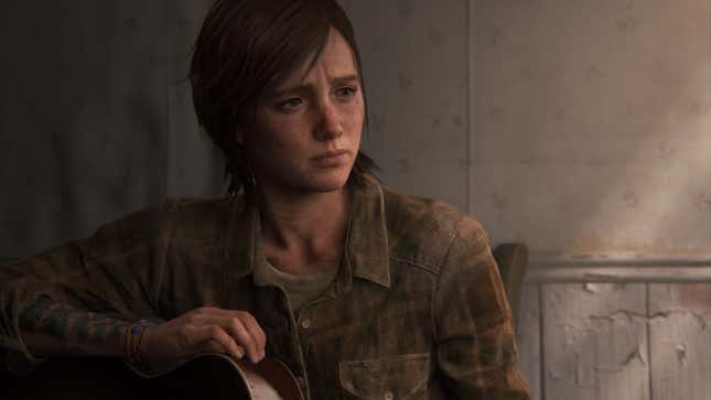 Ellie is seen resting her hand on the body of a guitar, seemingly lost in thought.