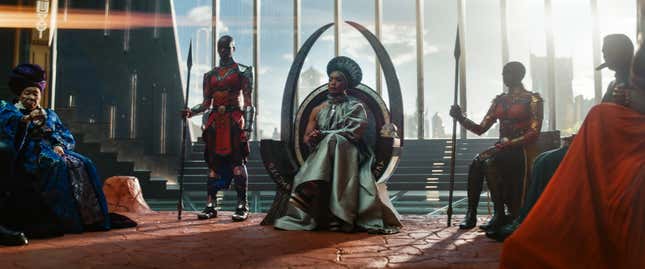 (L-R): Dorothy Steel as Merchant Tribe Elder, Florence Kasumba as Ayo, Angela Bassett as Ramonda, Danai Gurira as Okoye in Marvel Studios’ Black Panther: Wakanda Forever.
