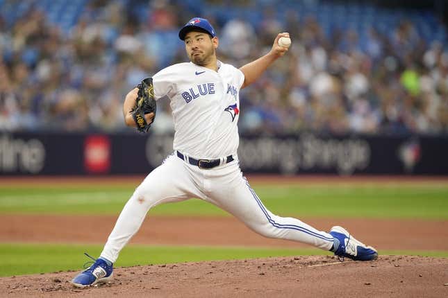 Aug 2, 2023; Toronto, Ontario, CAN; Toronto Blue Jays starting pitcher Yusei Kikuchi (16) pitches to the Baltimore Orioles during the second  inning at Rogers Centre.
