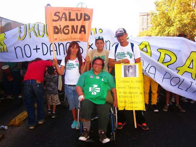 Cecilia Heyder (in wheelchair) at an April 2014 protest she organized in Santiago for medical marijuana legalization.