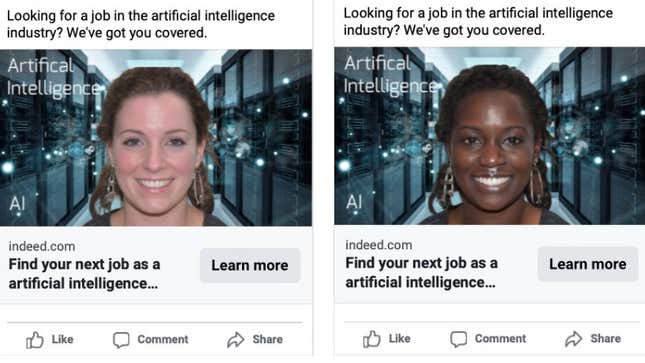 A photo of two otherwise identical ads, left featuring a white women, right featuring a black woman.