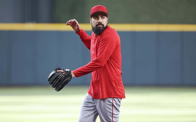 Jun 2, 2023; Houston, Texas, USA; Los Angeles Angels infielder Anthony Rendon during infield practice before the game against the Houston Astros at Minute Maid Park.