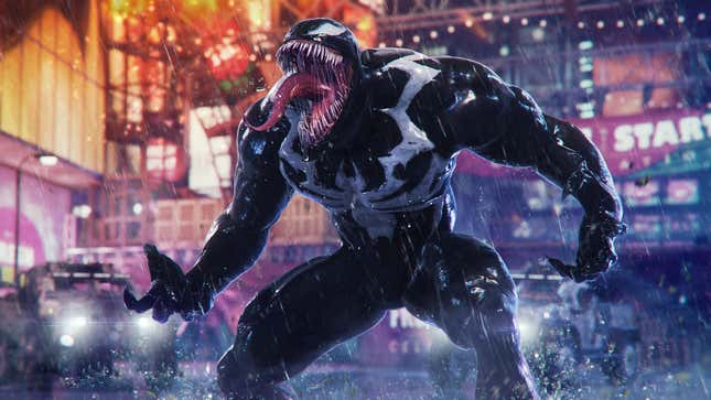 Venom est montré debout dans la rue sous la pluie tout en montrant ses dents et sa langue de cul grossière.