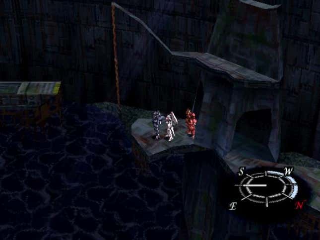 Three figures in what look like mech suits stand on a rocky platform jutting out over a chasm.