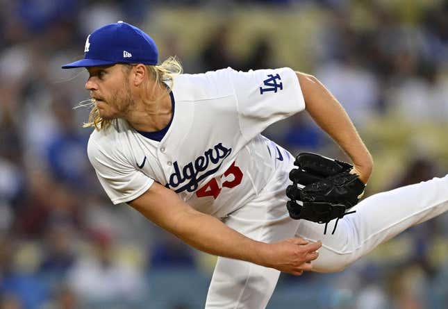 Apr 14, 2023; Los Angeles, California, USA;  Los Angeles Dodgers starting pitcher Noah Syndergaard (43) throws to the plate in the first inning against the Chicago Cubs at Dodger Stadium.