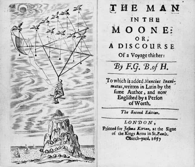 The frontispiece and title page of the second edition of Francis Godwin’s The Man in the Moone.