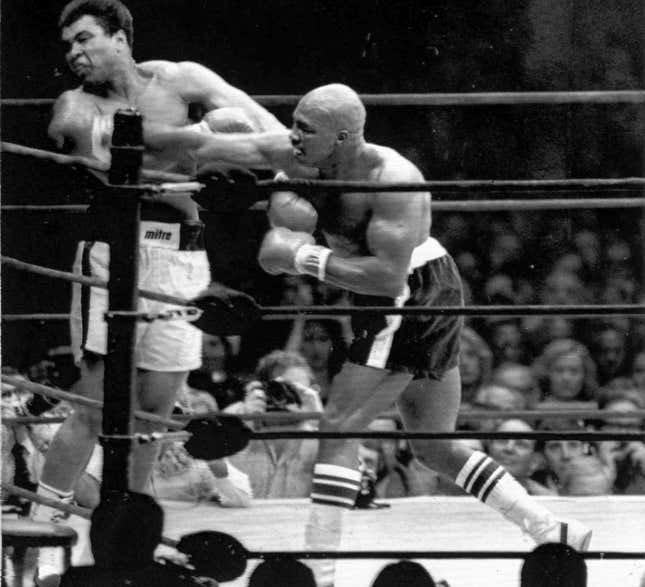 American challenger Ernie Shavers, right, follows through with a right to the head of Heavyweight Champion Muhammad Ali, during their title fight in Madison Square Gardens, New York, Sept. 29, 1977. Ali retained his title on a unanimous points decision at the end of the 15 round fight.