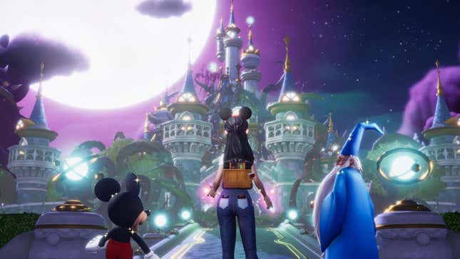 A woman wearing Mickey Mouse ears stands looking at a castle against a purple night sky with Mickey Mouse to one side and Merlin the wizard to the other.