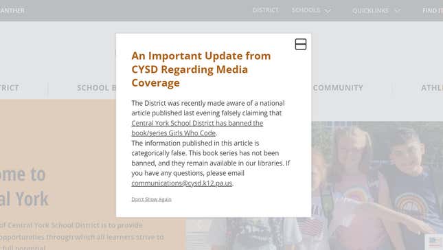 This pop-up message has been front and center on the Central York School District homepage for at least two days. 