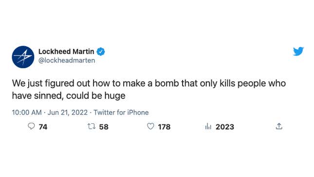 A fake tweet reading "We just figured out how to make a bomb that only kills people who have sinned, could be huge"
