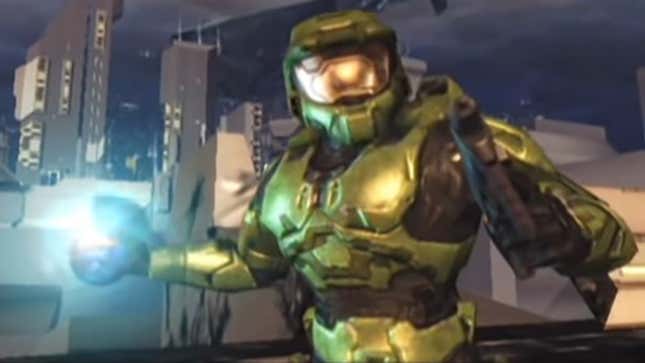 Master Chief lights up a plasma grenade in Halo 2.