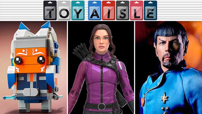 Lego's Brickheadz Ahsoka Tano, Hasbro's Marvel Legends Hawkeye Kate Bishop, and EXO-6's 1:6 Mirror Universe Spock.