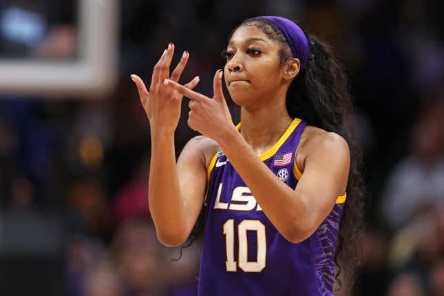 DALLAS, TEXAS - APRIL 02: Angel Reese #10 of the LSU Lady Tigers reacts during the fourth quarter against the Iowa Hawkeyes during the 2023 NCAA Women’s Basketball Tournament championship game at American Airlines Center on April 02, 2023 in Dallas, Texas.