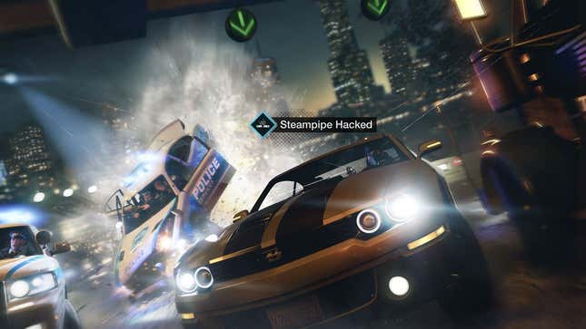 A promotional render of Watch Dogs showing a car outrunning the police.