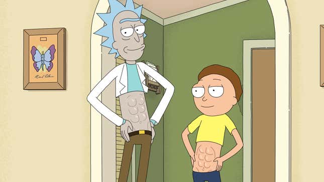Rick and Morty display their washboard abs.